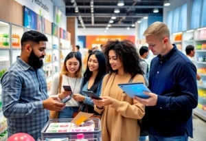 Consumers shopping in a modern Jacksonville retail store using AI technology.