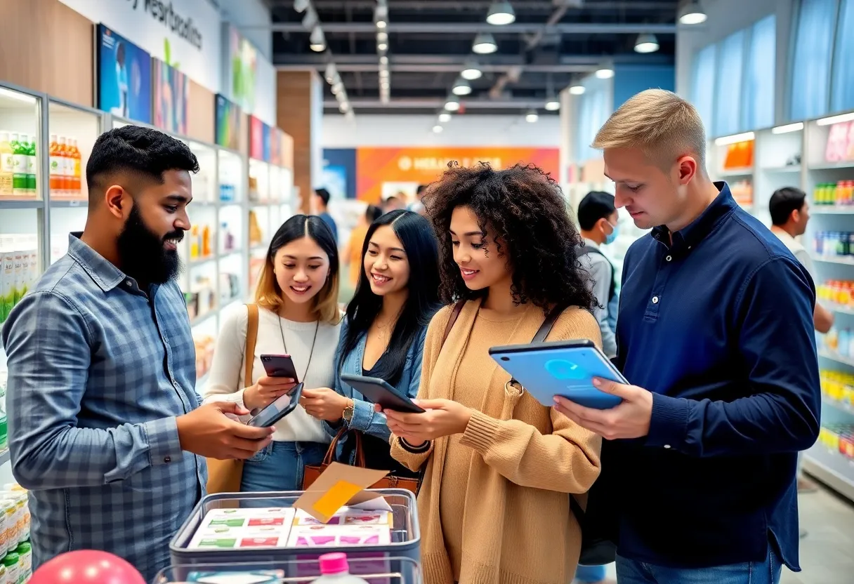 Consumers shopping in a modern Jacksonville retail store using AI technology.