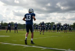 High school football players practicing on the field