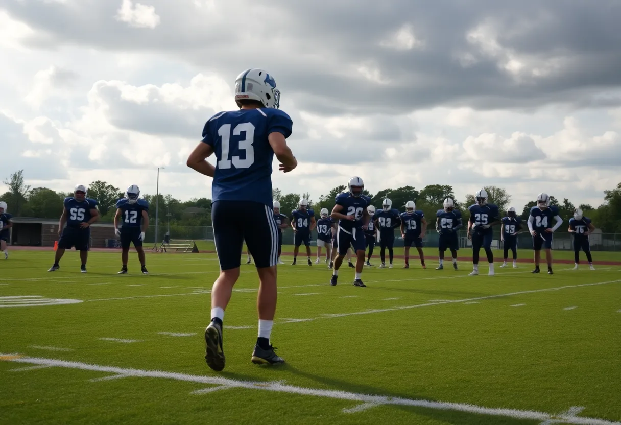 High school football players practicing on the field