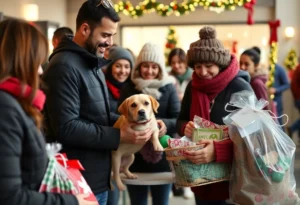Community members donating items for shelter animals at the Santa Paws drive