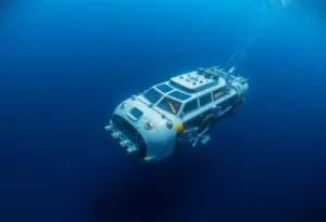 Advanced underwater vehicle on a search mission in the ocean.