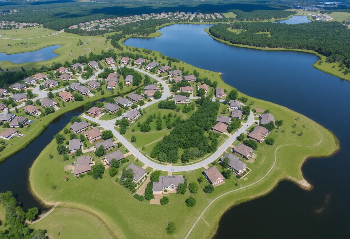 Aerial view of the Seven Pines community in Jacksonville with homes, parks, and lakes.