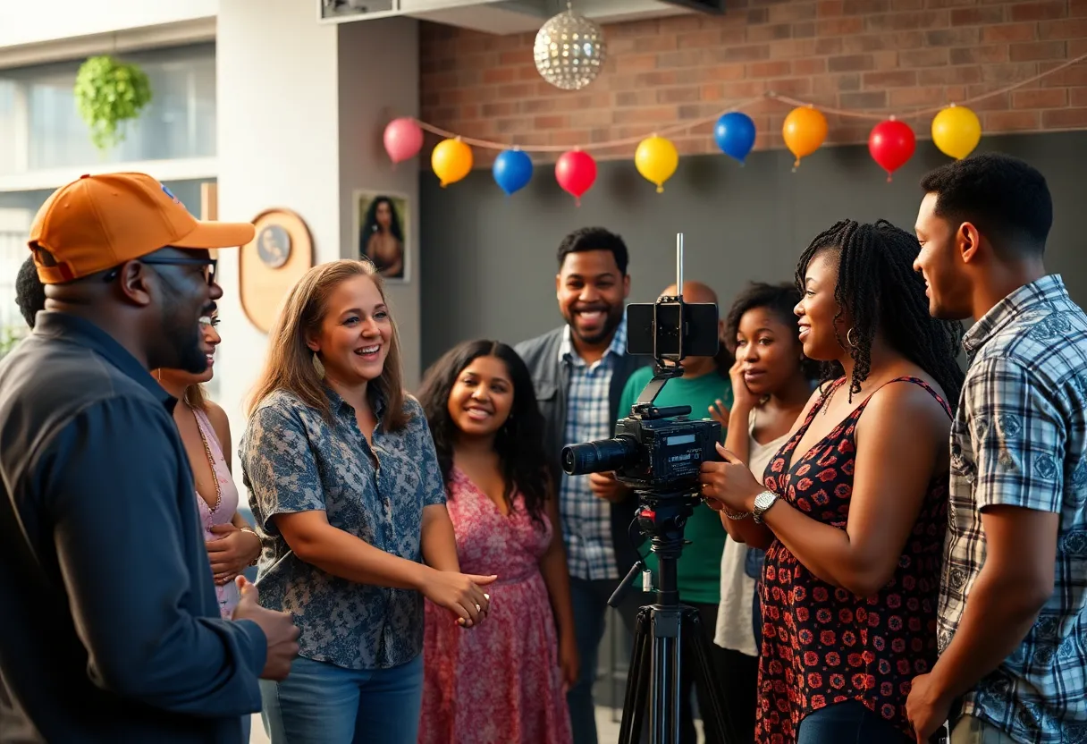 A scene from the comedy film SheDaPlaya featuring local actors and a vibrant community atmosphere.