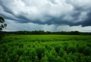 Lush landscape in Southeast Georgia with dark clouds before rain