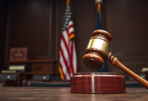 Courtroom scene depicting a gavel and legal books