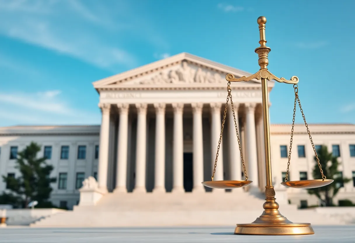 Depiction of the Supreme Court discussing tariffs and legal implications.