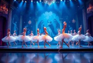 A mesmerizing performance of Swan Lake ballet with dancers in swan costumes.