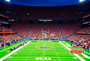 Virginia Cavaliers and Missouri Tigers college football teams facing off in the Gator Bowl