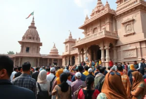 A large group of people celebrating outside a grand temple.