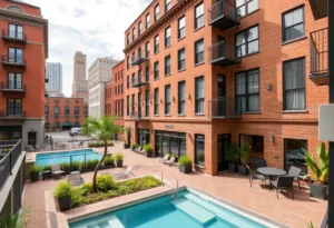 Exterior view of The Raven aparthotel in downtown Jacksonville, showcasing modern features in a historic building.