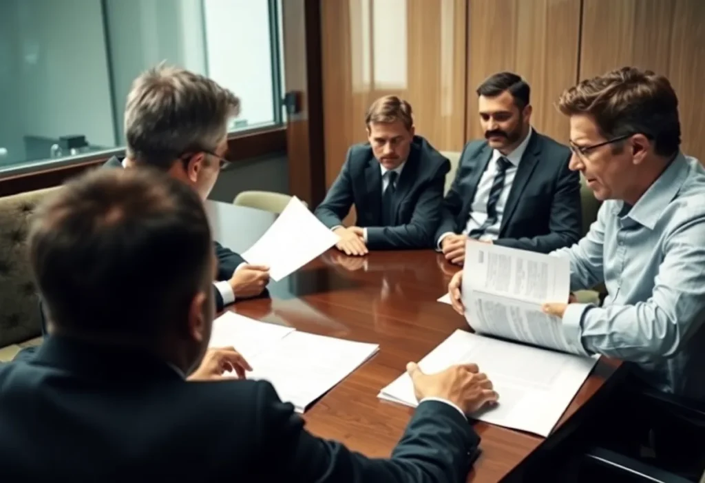 Shareholders discussing Tiptree sale in a meeting room