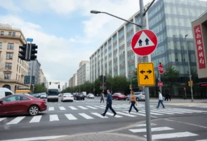 An urban intersection with pedestrian signage and crosswalks
