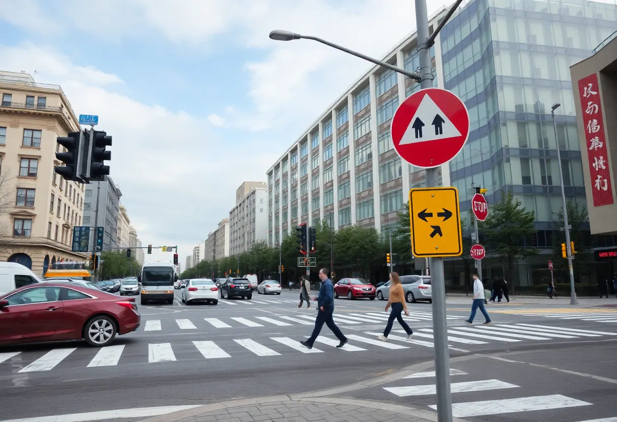 An urban intersection with pedestrian signage and crosswalks