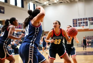 UConn women's basketball team in action during a game.