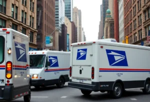 USPS trucks delivering packages in an urban environment.