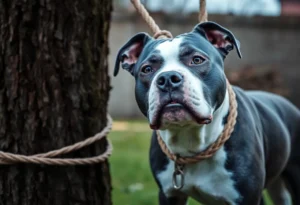Pit bull terrier named Valor tied to a tree