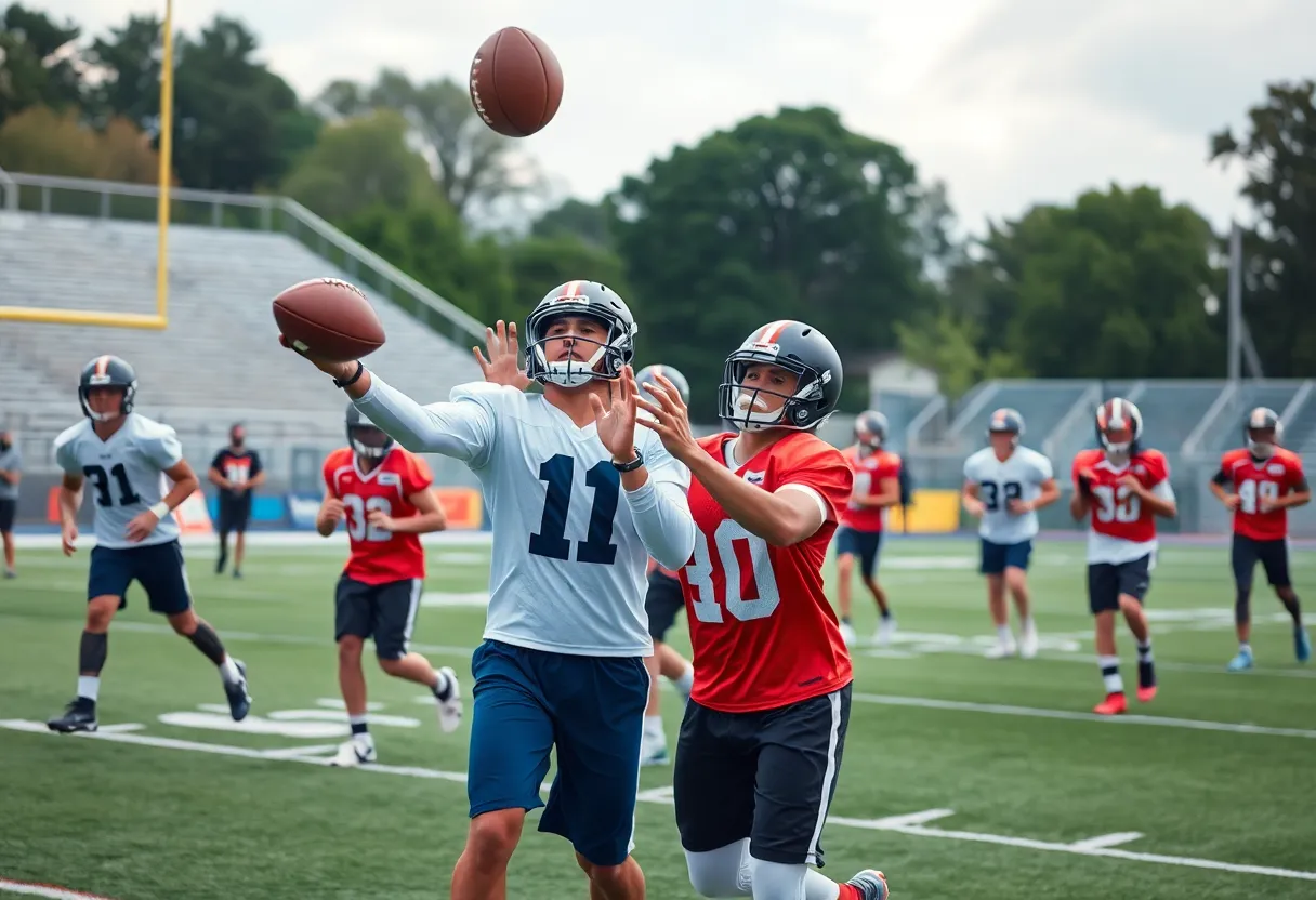 Wide receivers practicing on a football field