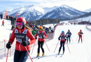Female skiers competing in a giant slalom race in the mountains.
