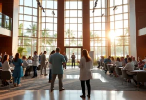 Conference attendees engaging in discussions about wound healing at a resort