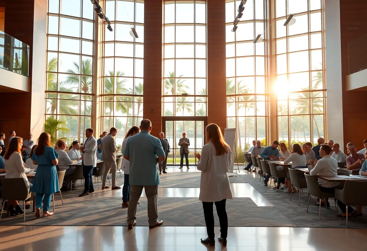 Conference attendees engaging in discussions about wound healing at a resort