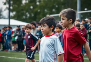 Scene of a youth soccer game showing players and spectators