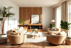 Modern interior design with warm neutrals and curved furniture in a Jacksonville home.