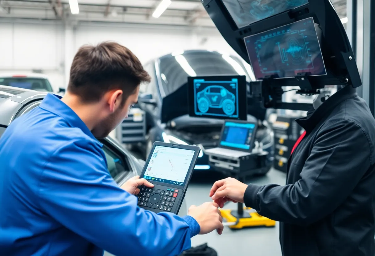 Advanced diagnostic equipment used for ADAS solutions in an automotive workshop