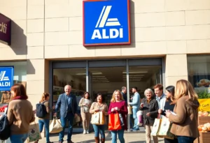 New Aldi grocery store in Cedar Hills Shopping Center with people.