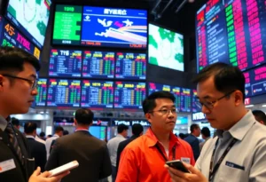 Scene of traders in an Asian stock market with stock price boards
