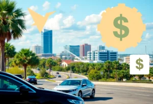 Jacksonville, Florida skyline with auto insurance symbols