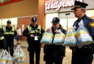 Officers inspecting stolen baby formula outside a retail store.