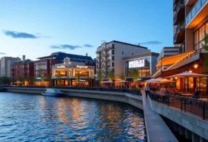Rendering of the Bay Street redevelopment project with restaurants and public spaces