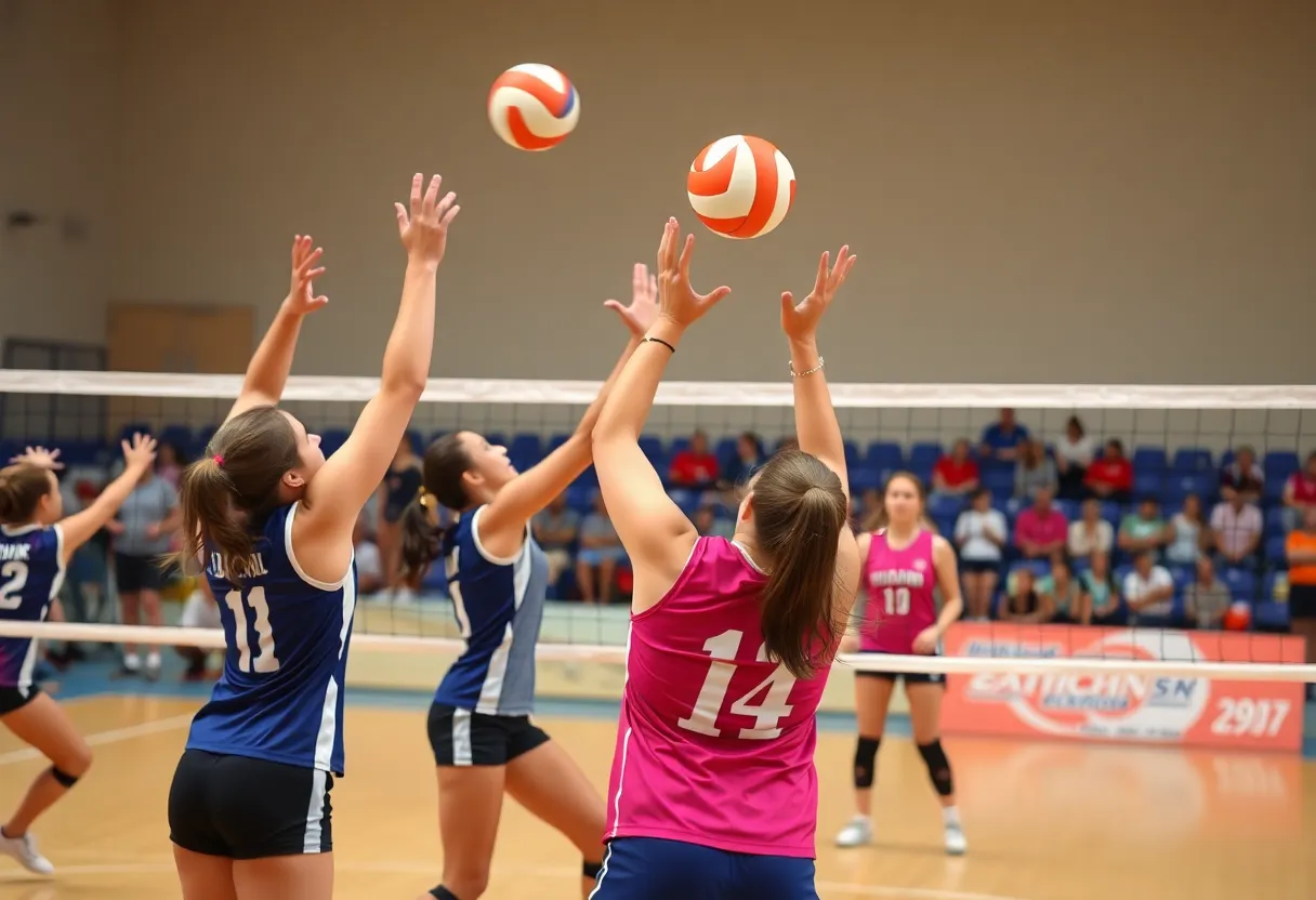 A volleyball game with athletes competing energetically on the court.