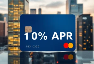 Modern credit card showcasing 10% APR with financial cityscape in background.