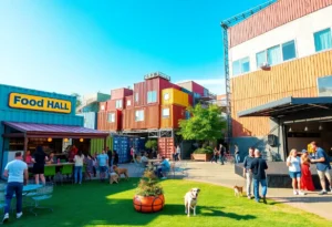 Outdoor entertainment venue in Jacksonville showcasing food vendors, playground, dog park, and open stage.