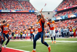 Denver Broncos players celebrating on the field after winning against the Chargers
