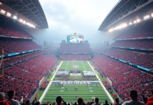 Fans cheering at the Broncos vs Bills playoff game.