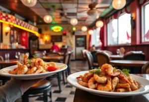 Interior of a Bubba Gump Shrimp Restaurant with seafood dishes being served.