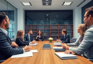 A modern conference room at Burr & Forman LLP with legal professionals in discussion