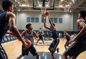 Collegiate basketball game action between BYU and Kansas State.