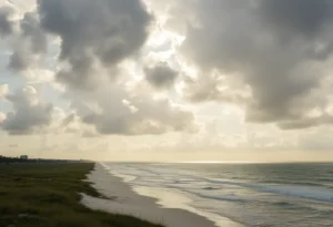 Coastline of Central Florida with cloudy skies and ocean waves