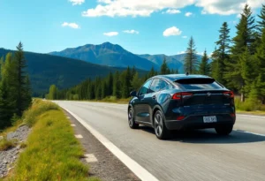 A modern Chinese electric vehicle driving through a scenic North American landscape.