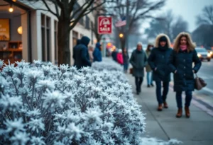 Winter scene depicting cold weather in Jacksonville with frost on plants and residents wearing warm clothing.