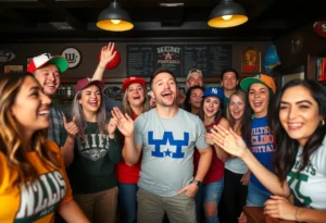 College football fans cheering in a local restaurant