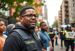 Community members discussing police practices during a gathering.