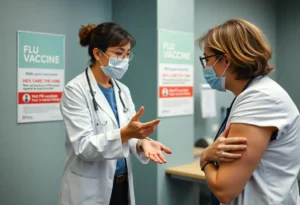 Health professional discussing flu vaccination in a clinic