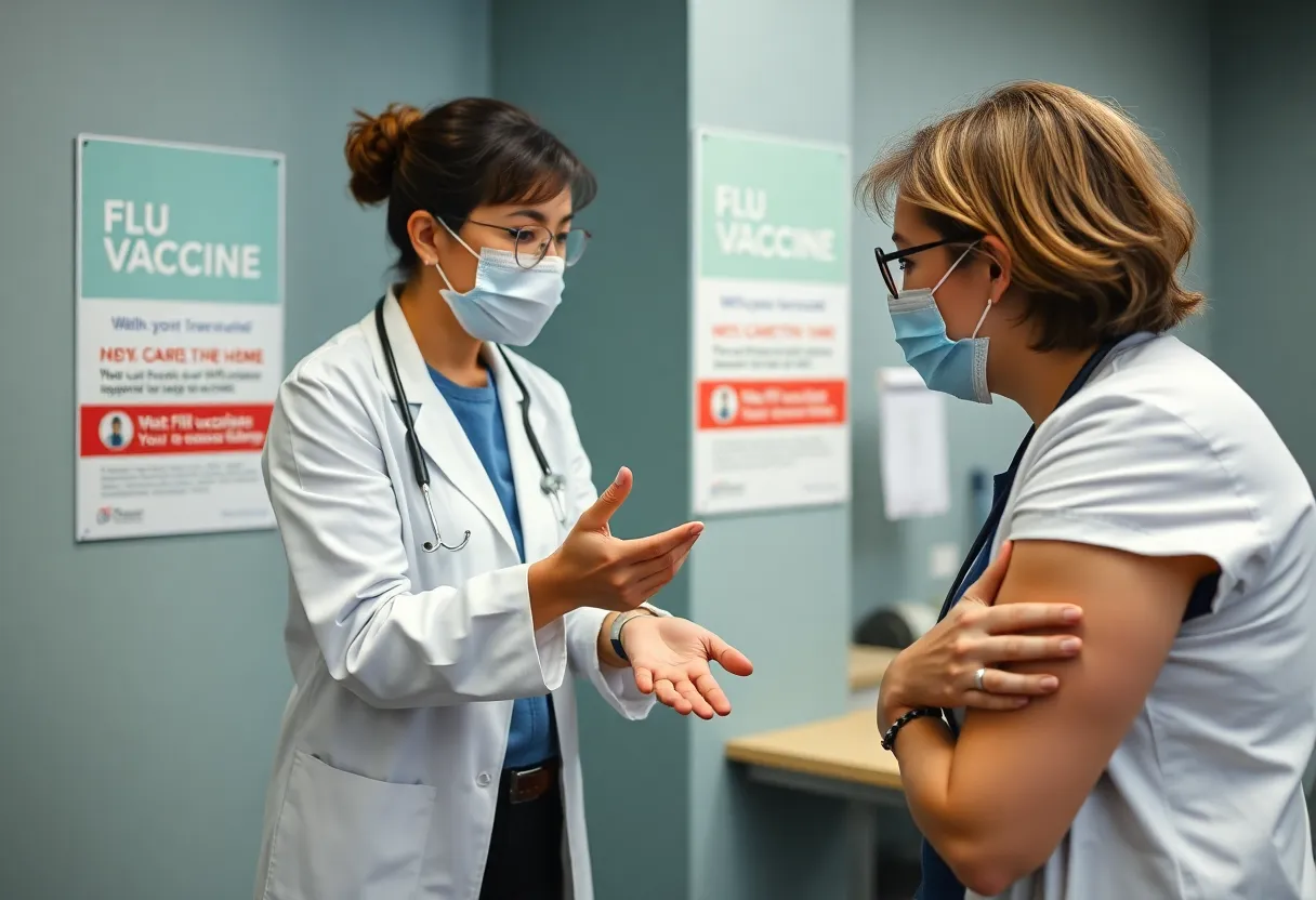 Health professional discussing flu vaccination in a clinic