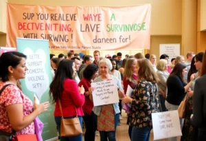 People participating in community event supporting domestic violence survivors.