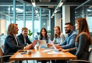 Innovative technology consulting office with team collaboration